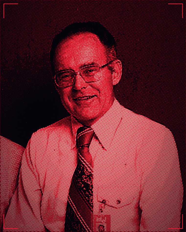 Gordon Moore photographed in 1978, reproduced as a red duotone halftone.